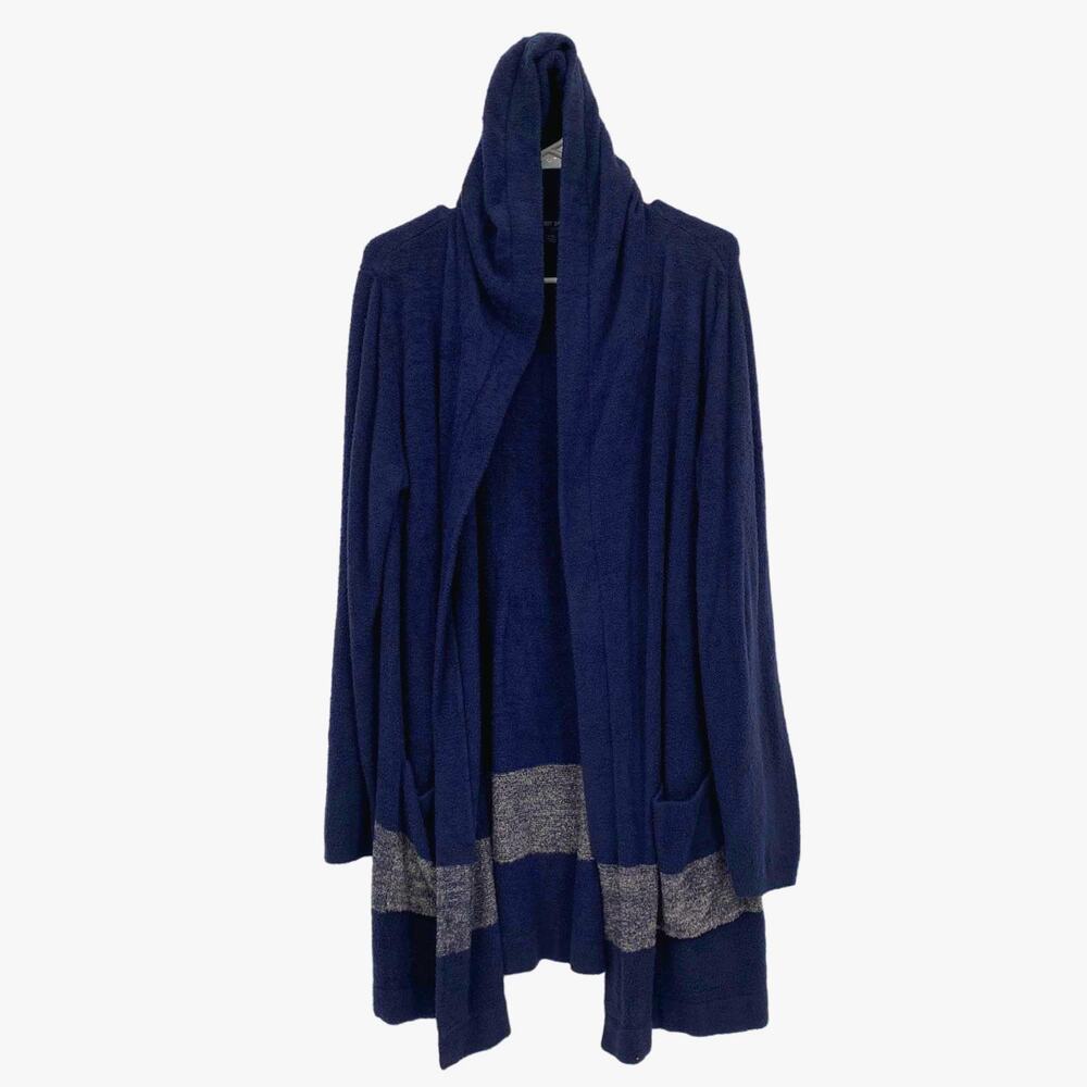 Barefoot Dreams CozyChic Lite Navy Hooded Longline Cardigan Stripe L XL